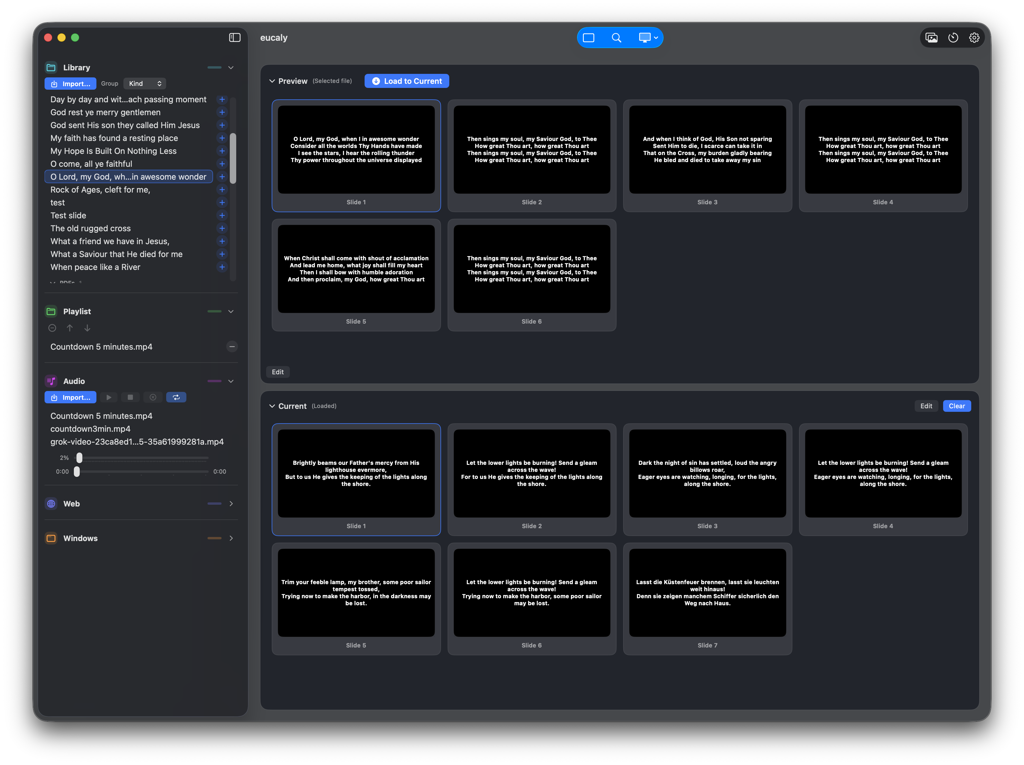 eucaly main window with library, preview, current, and projection controls